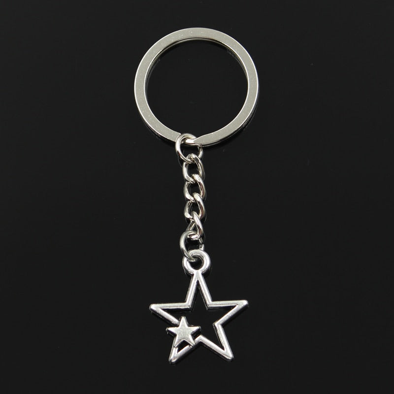 Fashion 30mm Key Ring Metal Key Chain Keychain Jewelry Antique Bronze Silver Color Plated Hollow Double Star 27x21mm Pendant - Charlie Dolly