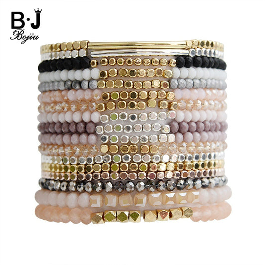 BOJIU Multicolor Crystal Strand Bracelets For Women Gold Acrylic Copper Beads Pink White Black Gray Crystal Bracelet Femme BC226 - Charlie Dolly