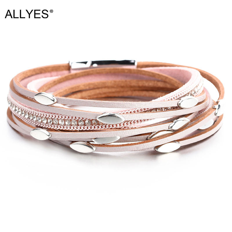 ALLYES Leaf Charm Pink Leather Bracelets for Women 2023 Fashion Crystal Chain Boho Multilayer Wrap Bracelet Femme Jewelry