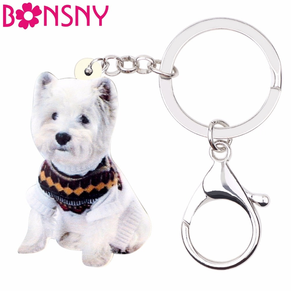 Bonsny Acrylic Cute Western Highland Terrie Dog Key Chains Keychain Ring Fashion Animal Jewelry For Women Girls Bag Car Charms - Charlie Dolly