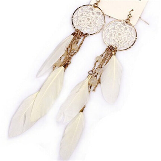 Fashion Jewelry 2017 New Bohemia Feather Beads Long Design Dream Catcher Drop Earrings for Women - Charlie Dolly