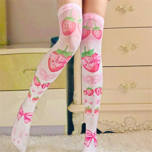 Women Sexy Thigh High Stockings Autumn 3D Printing Red Strawberry Pink Sweet Kawaii Over Knee Stocking Cosplay Quadratic Element - Charlie Dolly