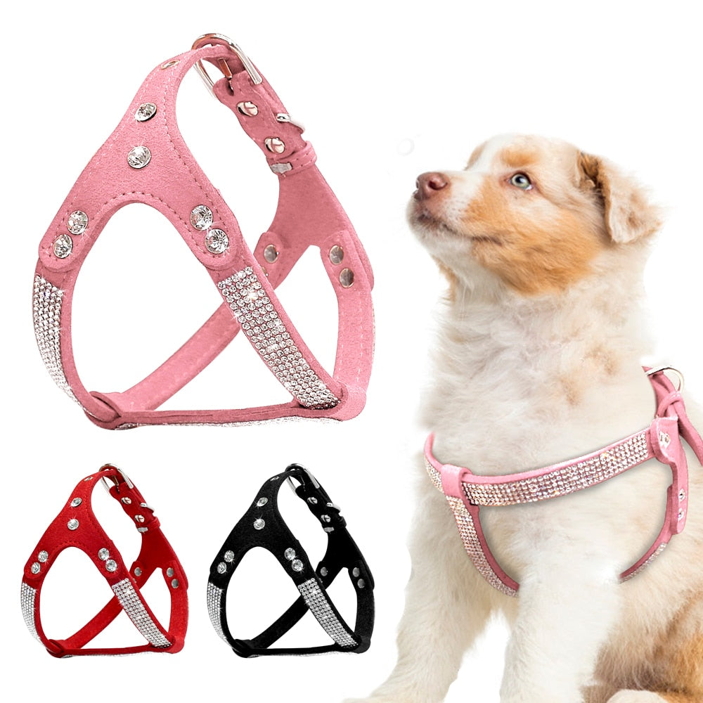 Soft Suede Leather Puppy Dog Harness Rhinestone Pet Cat Vest Mascotas Cachorro Harnesses For Small Medium Dogs Chihuahua Pink