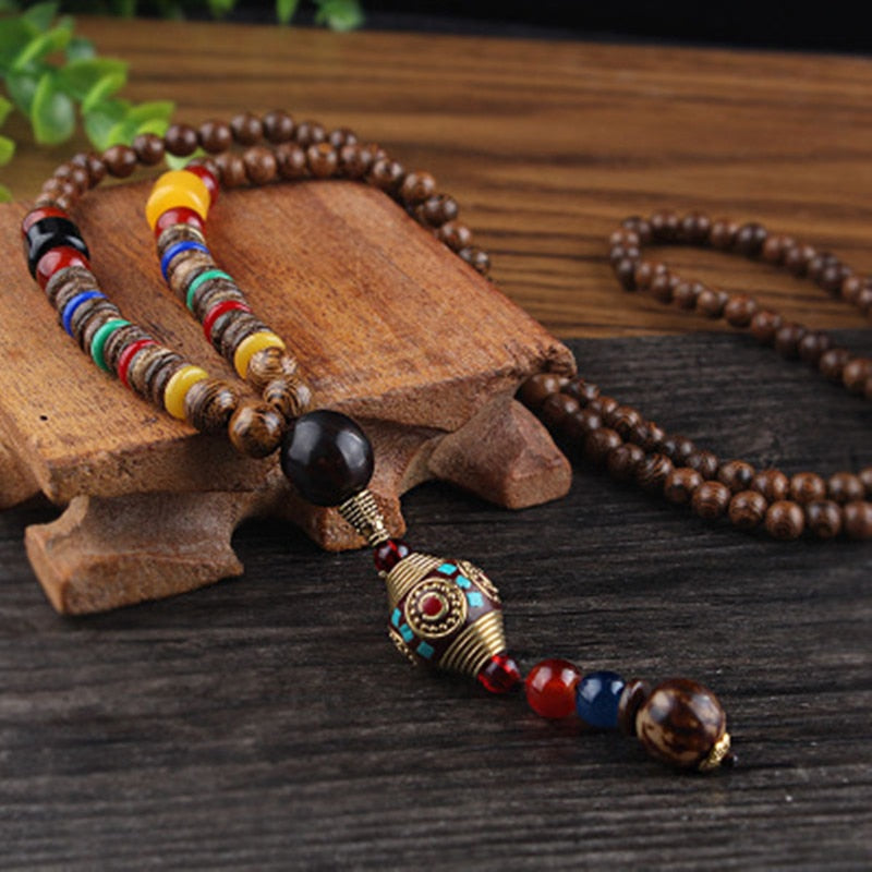 Vintage Nepal Long Buddhist Mala Wood Beaded Pendant &amp; Necklace Ethnic Bohemian Boho Buddha Lucky Jewelry for Women Men - Charlie Dolly