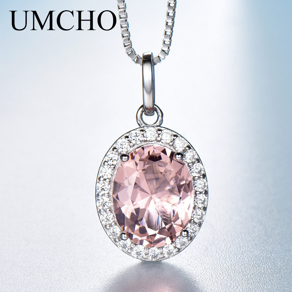 UMCHO Luxury Pink Sapphire Morganite Pendant For Women Real 925 Sterling Silver Necklaces Link Chain Jewelry Engagement Gift New - Charlie Dolly