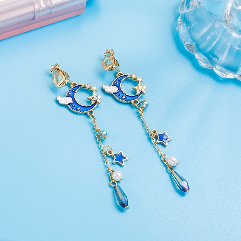 Korean Creative Clip On Earrings Cute Blue Universe Moon Star Asymmetric Long Tassel for Girl Women Without Piercing - Charlie Dolly