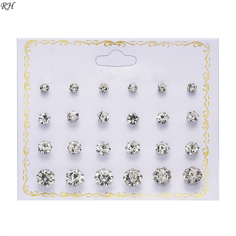 12 pairs/set Crystal Simulated Pearl Earrings Set Women Jewelry Accessories Piercing Ball Stud Earring kit Bijouteria brincos - Charlie Dolly