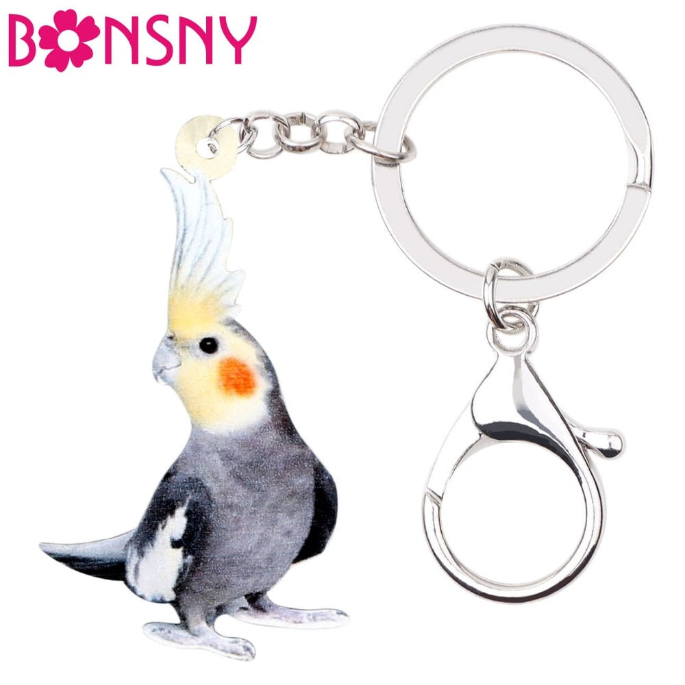 Bonsny Acrylic Cockatiel Parrot Bird Key Chains Keychain Fashion Animal Jewelry For Women Girls Bag Wallet Pendant Decoration