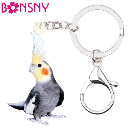 Bonsny Acrylic Cockatiel Parrot Bird Key Chains Keychain Fashion Animal Jewelry For Women Girls Bag Wallet Pendant Decoration