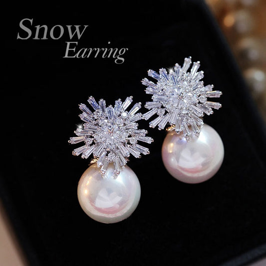 Imitation Pearl Earrings Women Fashion Snowflake Crystal Earrings Charm Zircon Jewelry Cute Earrings Best Choice for Couple Gift - Charlie Dolly