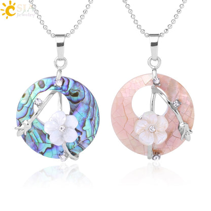 CSJA Colorful Natural Abalone Shell Pendants Necklaces White Pink Round Gems Beads Flower Zircon Women Charms Jewelry F873