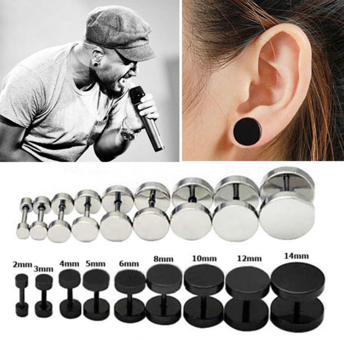 2Pcs Punk Black Unisex Stud Earring Barbell Piercing Earring For Men Women Gothic Street Pop Hip Hop Ear Jewelry Stainless Steel