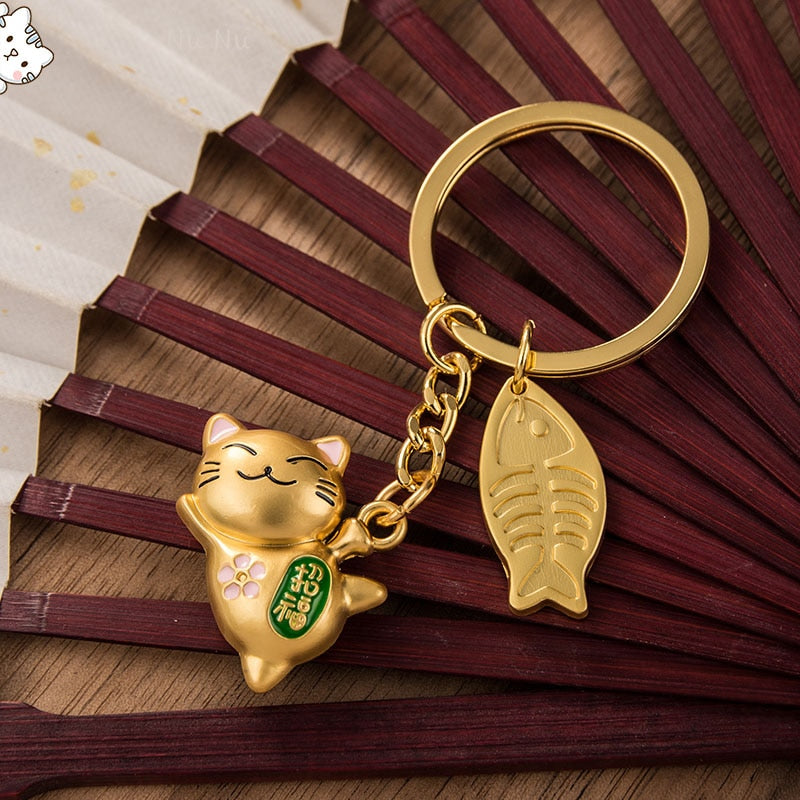 Maneki Neko Japan Lucky Cat Keychain Kawaii Trinkets Alloy Accessory Car Bag Pendant Key Chain Pray Golden Keyfob Couple Gift - Charlie Dolly
