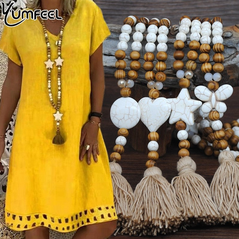 Yumfeel New Bohemian Necklace Handmade Stones Tassels Wood Beads Necklace Long Women Jewelry Gifts - Charlie Dolly