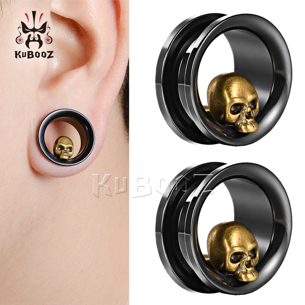 KUBOOZ Newest Popular Fashion Stainless Steel Skull Ear Piercing Tunnels Gauges Body Jewelry Ear Screw Gauges Stretchers 8-25mm - Charlie Dolly