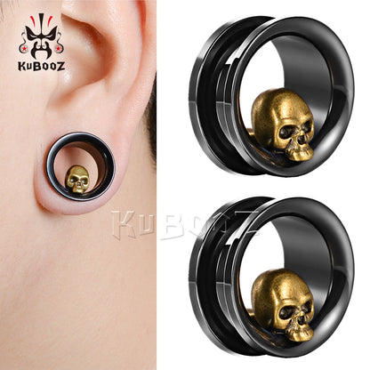 KUBOOZ Newest Popular Fashion Stainless Steel Skull Ear Piercing Tunnels Gauges Body Jewelry Ear Screw Gauges Stretchers 8-25mm