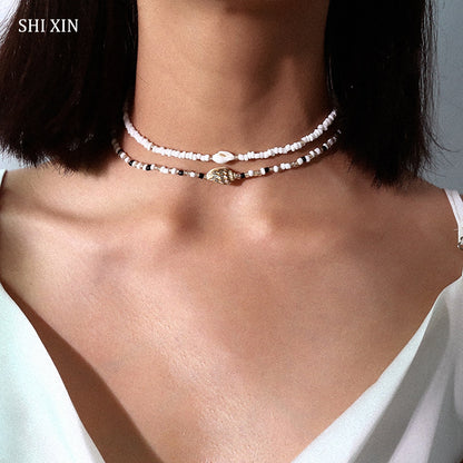 SHIXIN Separable 2 Layered White/Black Beads Necklaces Korean Small Beaded Conch Shell Choker Necklace for Women Fashion Collar