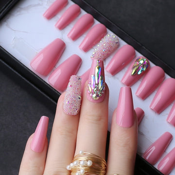 pink coffin crystal bling false nails Acrylic nails ballet caviar Design nails Custom logo with Adhesive tabs sticker - Charlie Dolly