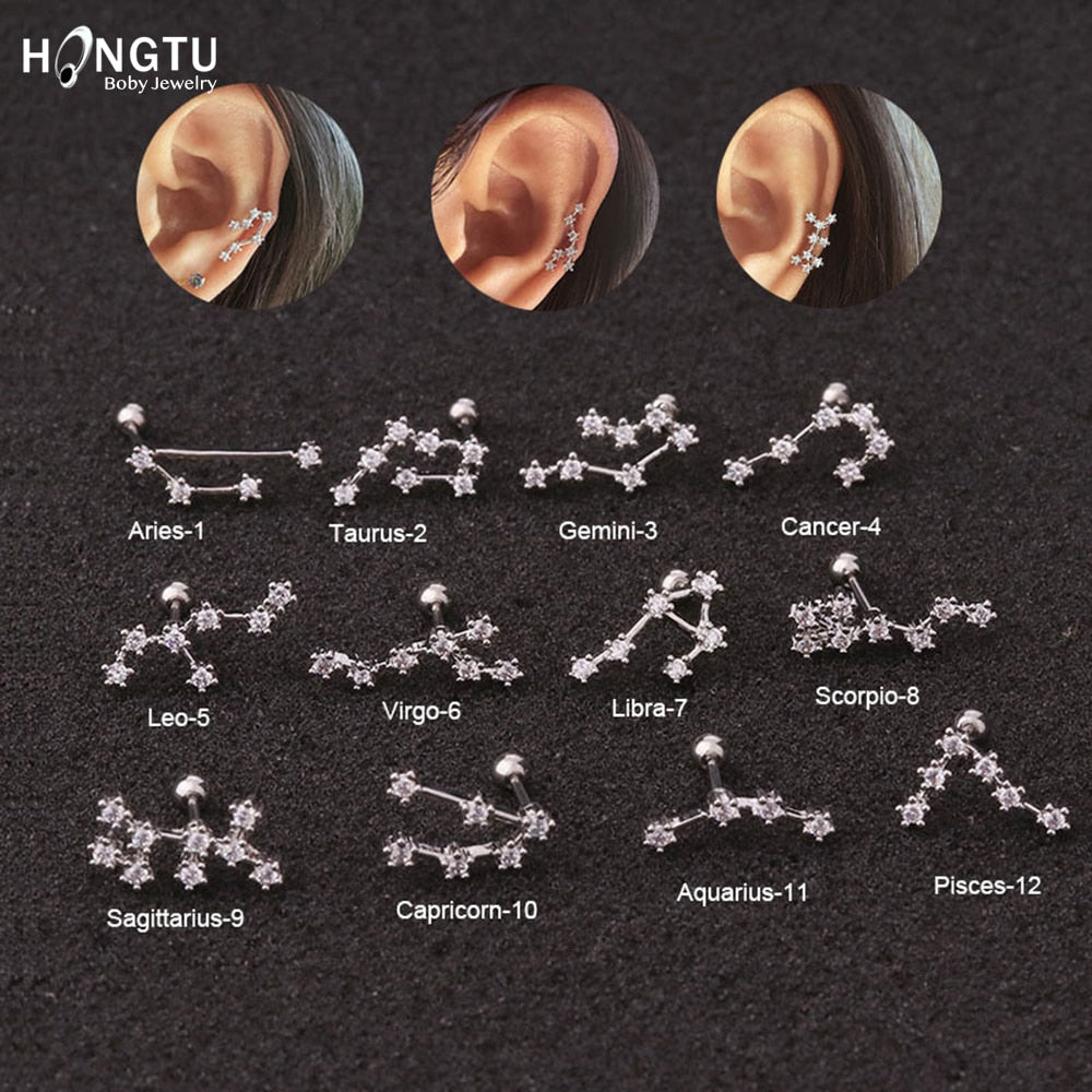 HONGTU 1PC 12 Constellation Zircon Tragus Ear Piercing Surgical Steel Shaft Bar Star Daith Earrings Helix Cartilage Studs 20g - Charlie Dolly