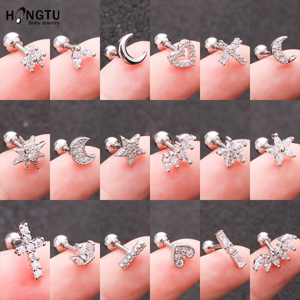 HONGTU 1PC Copper Flower Heart Moon Zircon Tragus Ear Piercing Surgical Steel Shaft Bar Daith Earrings Helix Cartilage Studs 16g