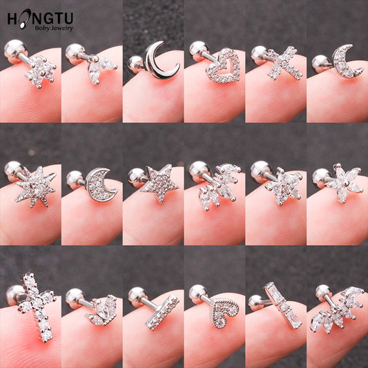 HONGTU 1PC Copper Flower Heart Moon Zircon Tragus Ear Piercing Surgical Steel Shaft Bar Daith Earrings Helix Cartilage Studs 16g - Charlie Dolly