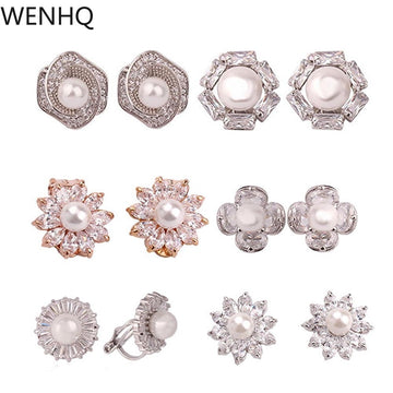 WENHQ New Cubic Zircon Pearl Clip on Earrings No Pierced for Women Girl Fashion Gold Color Flower Shape Ear Clip Fake Earrings - Charlie Dolly