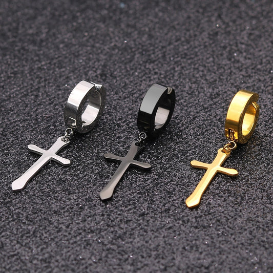 New 1 Pcs Stainless Steel Clip On Non Piercing Earrings For Women Men Black Gold Color Cross Gothic Punk Rock Drop Pendiente - Charlie Dolly