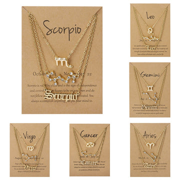 3Pcs/set 12 Zodiac Sign Necklace For Women 12 Constellation Pendant Chain Choker Birthday Jewelry With Cardboard Card - Charlie Dolly