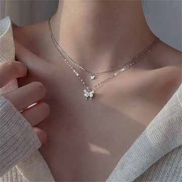 Shiny Butterfly Necklace Ladies Exquisite Double Layer Clavicle Chain Necklace Jewelry for Ladies Gift - Charlie Dolly