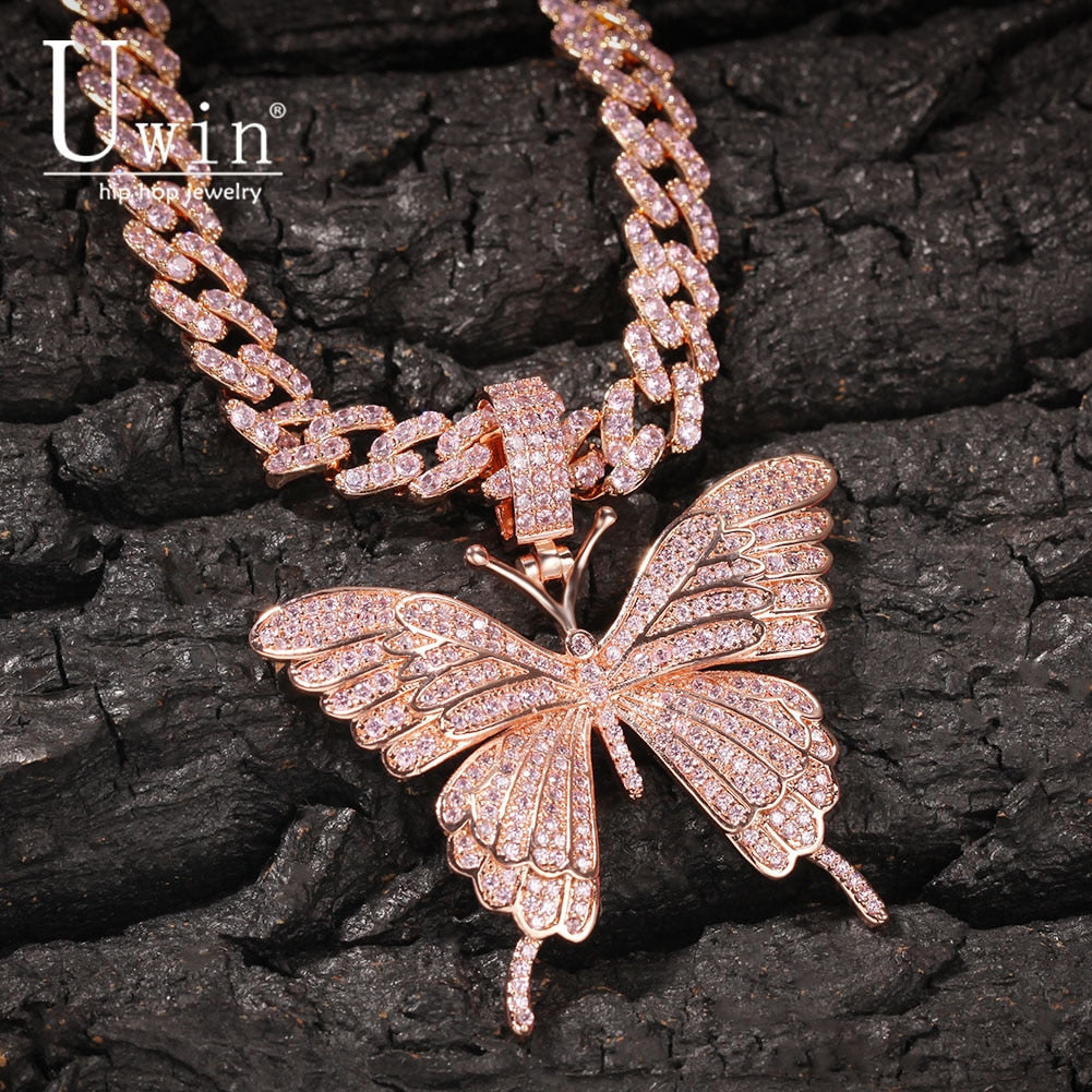 Uwin Iconic Butterfly Pendant 9mm Cuban Chain Cubic Charm Pink Tennis Chain Necklace Men Women Hip Hop Jewelry Gift