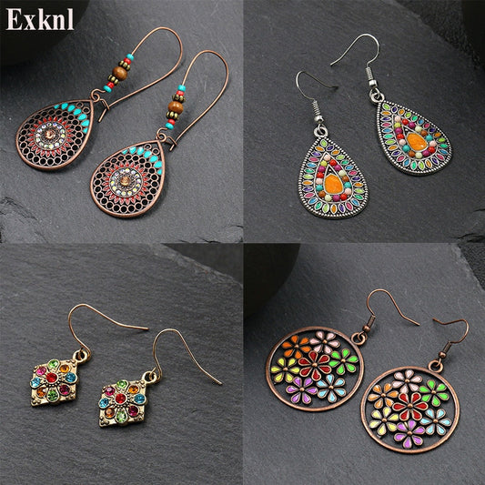 Exknl Fashion Vintage Drop Earrings For Women Alloy Crystal Ethnic Beads Boho Flower Earrings Colorful Dangle Earrings Jewelry - Charlie Dolly