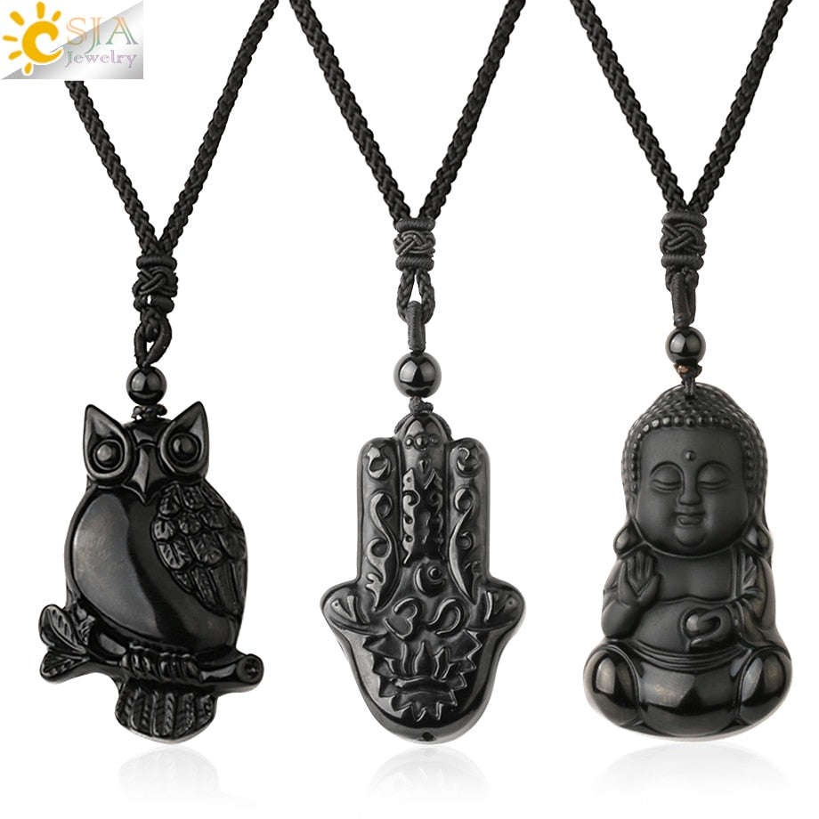 CSJA Obsidian Necklace Natural Stone Wolf Buddha Sculpture Tree of Life Animal Owl Men Necklaces Pendant Meditation Jewelry G644