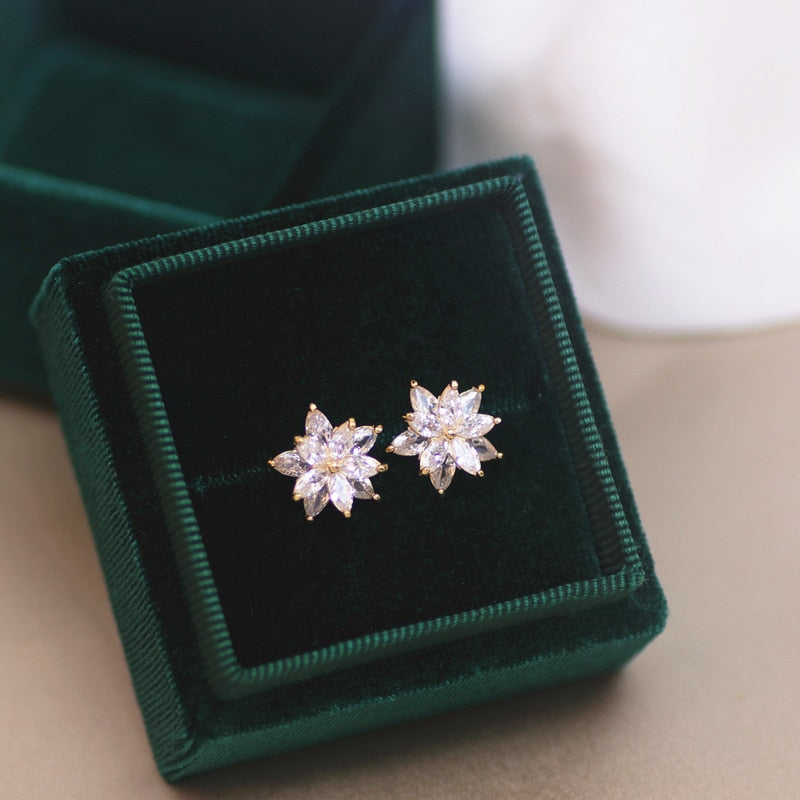 High Quality Luxury Bling Zircon Flower Stud Earrings For Women Sweet Cute Clear White Crystal Earrings Wedding Ear Stud Jewelry - Charlie Dolly