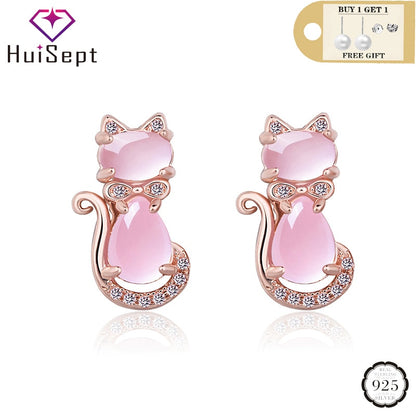 HuiSept Trendy 925 Silver Earrings Cat Shape Pink Rose Quartz Zircon Gemstones Jewelry Stud Earrings for Women Wedding Wholesale