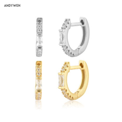 ANDYWEN 100% 925 Sterling Silver Gold 8mm Piercing Hoops Huggies Women One Zircon Luxury 2020 Rock Punk Fashion Jewelry Gift