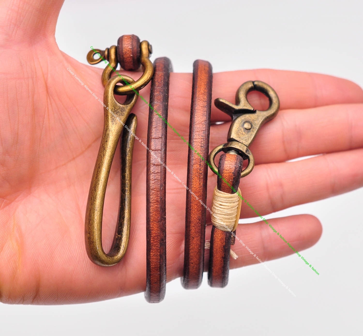 30" Retro Brown Handmade Long Punk Biker Motocycle Trucker 7*5mm Thick Plain Leather Keychain Jean Wallet Chain With Brass Hook - Charlie Dolly