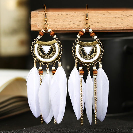 Bohemian White Semicircle Long  Feather Tassel Ladies Earrings Women Summer Indian Jewelry Natural Wood Beads Dangle Earrings - Charlie Dolly