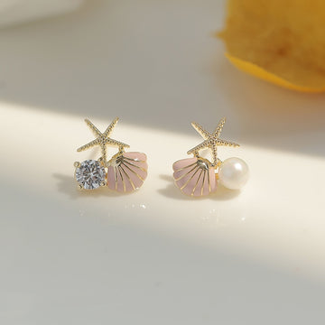 Starfish Shell Stud Earrings for Women Small Cute Earrings with Imitation Pearl Fashion Banquet Wedding Jewelry - Charlie Dolly