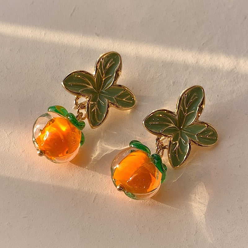 Creative Persimmon Orange Color Flower Leaf Stud Earrings For Women Painting Oil Glazed Glass Earrings Jewelry Accessories - Charlie Dolly