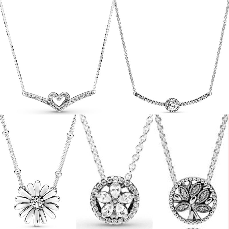 Sparkling Heart Wishbone Collier Daisy Flower Snowflake Necklace For 925 Sterling Silver Bead Charm Bracelet Fashion Diy Jewelry