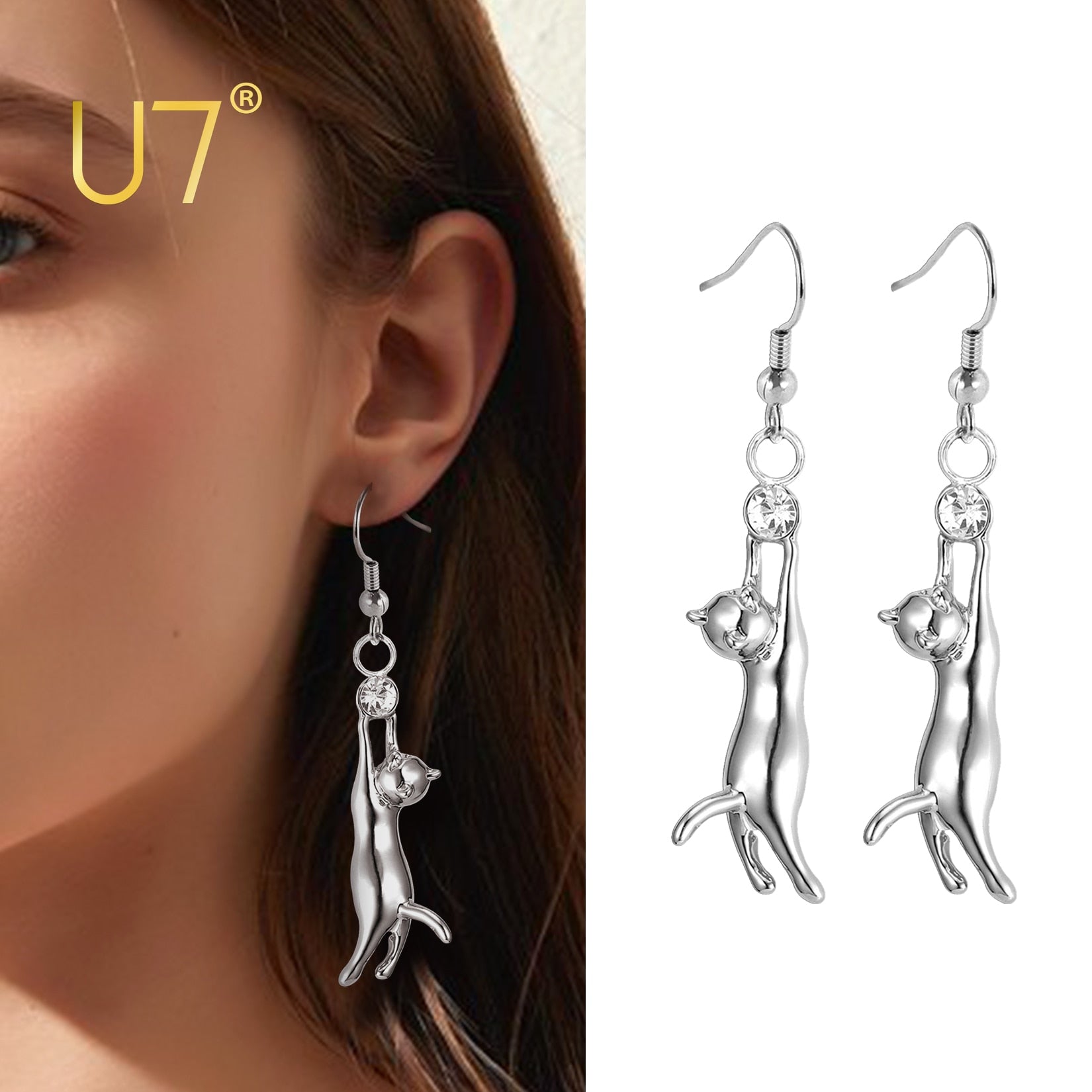 U7 Cat Dangle Earrings For Women Girls Rhinestone Jewelry Best Gift for Cat Person Cute Pet Animal Hook Earring E374 - Charlie Dolly
