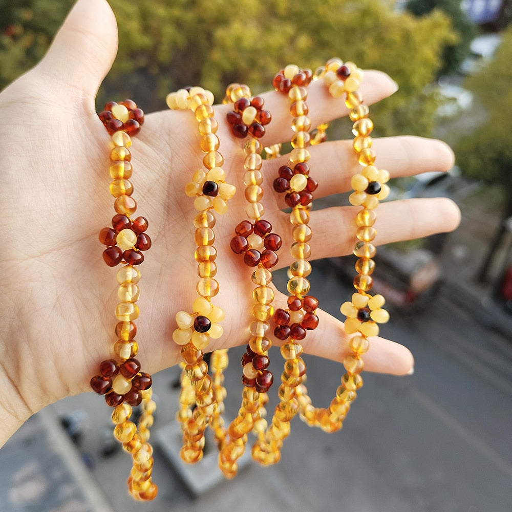 2 Styles Amber Teething Necklace/Bracelet for Baby Genuine Baltic Amber Jewelry with Sunflowers for Girls Women Chriristmas Gift - Charlie Dolly