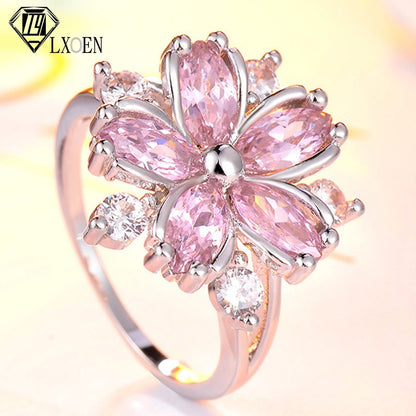 Luxury Flower Shape Zircon Engagement Ring for Women Silver Color Pink Wedding Rings Girl Party Jewelry Gift Anillos