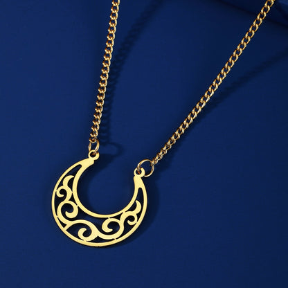 Hollow Flower Filigree Crescent Pendant Necklaces Personality Moon Women Necklace Cut Out Golden Stainless Steel Jewelry