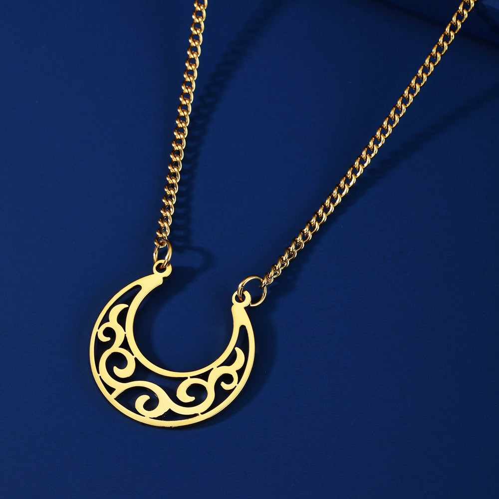 Hollow Flower Filigree Crescent Pendant Necklaces Personality Moon Women Necklace Cut Out Golden Stainless Steel Jewelry - Charlie Dolly