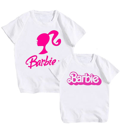 2023 Kawaii Barbie Children Short Sleeves Anime Cartoon Girls Boys Round Neck T-Shirt Soft All-Match Y2K Kids Clothes Streetwear