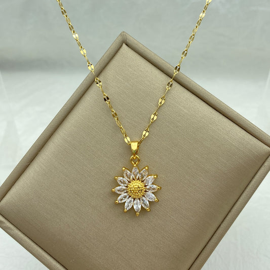 Gold Plated Sunflower Necklace for Women Jewelry Titanium Steel Zircon Big Pendant Necklace Luxury Choker Korea Style Wholesale - Charlie Dolly