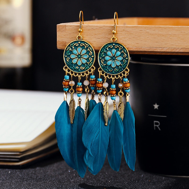 Boho Long Feather Dangle Women&#39;s Earrings Beach Long Tassel Beads Handmade Flower Enamel Earrings Bride Wedding Pendientes Mujer - Charlie Dolly