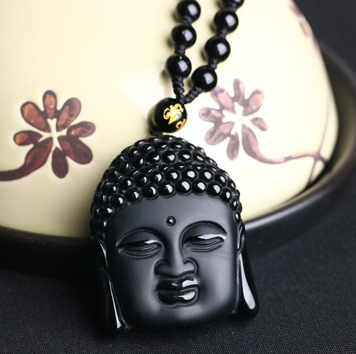 Fashion Frosted Obsidian Sakyamuni Buddha Head Charm Men and Women Amulet Necklace Buddhist Religious Jewelry - Charlie Dolly