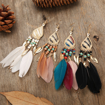 A Pair Boho Feather Dangle Women Earrings Beach Long Tassel Beads Handmade Flower Enamel Earrings Bride Wedding Party Gift - Charlie Dolly